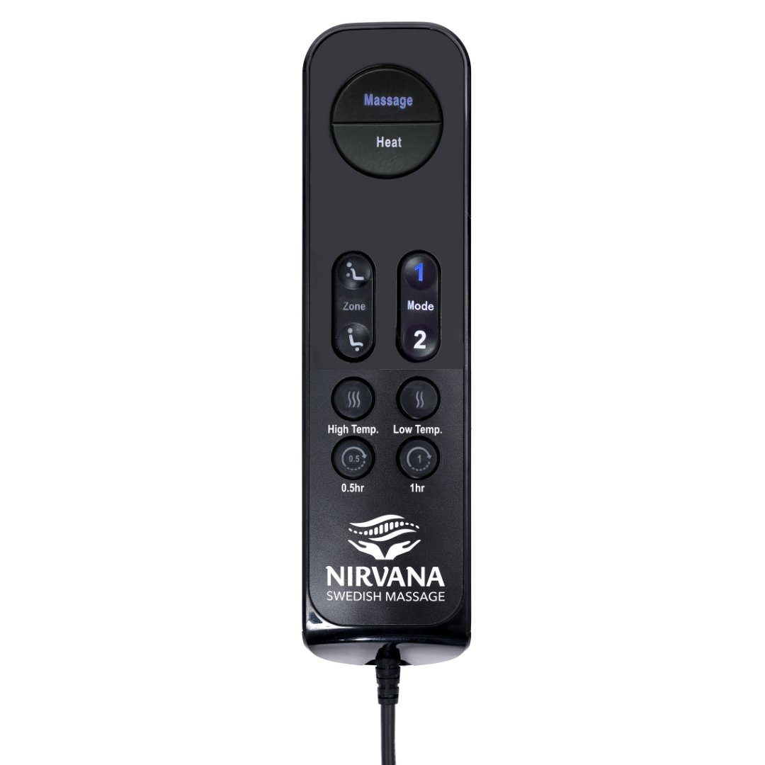 A sleek black remote control for the Golden Technologies Lift Chair highlights buttons for massage modes, heat, zone, and timers, and features a digital display with NIRVANA SWEDISH MASSAGE at the bottom. It works seamlessly with Power Lift Chairs using AutoDrive Calibration settings.